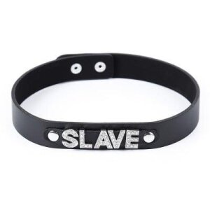 Нашийник з написом SLAVE зі страз DS Fetish, шкірозамінник, чорний