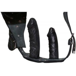 Страпон ZADO Fetish зі шкіри з трьома фалоімітаторами, чорний, розмір S/M