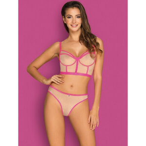 Комплект Obsessive Nudelia бюстьє з трусиками, бежевий з чорним, S/M
